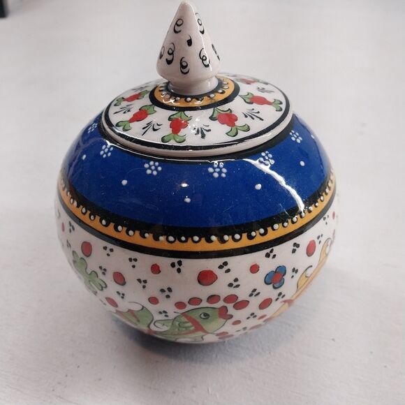 Polish Pottery Hand Painted Decorative Bowl Container With Lid Colorful Fish - Picture 1 of 6